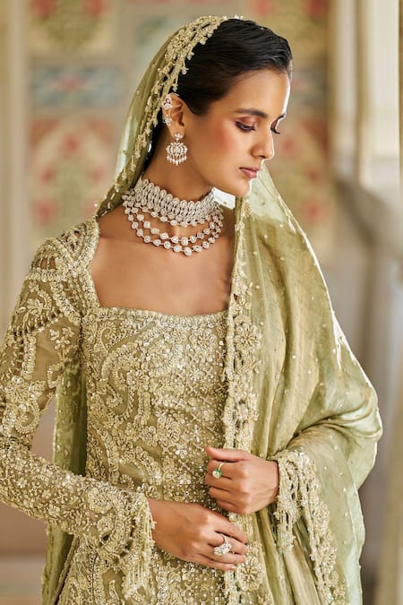 Shop_Seema Gujral_Green Tissue, Silk Sequins, Beads Square Neck Sage Cutwork Kurta Sharara Set _Online_at_Aza_Fashions