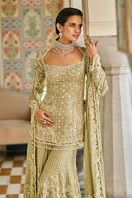 Seema Gujral_Green Tissue, Silk Sequins, Beads Square Neck Sage Cutwork Kurta Sharara Set _at_Aza_Fashions