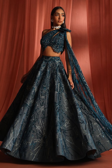 Buy_Adaara Couture_Blue Silk, Organza, Net Sequins, Geometric Embroidered Lehenga And Blouse Set _Online_at_Aza_Fashions