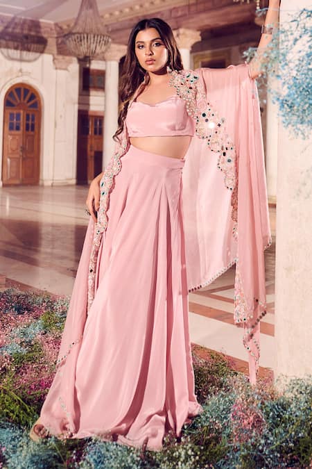 Swish By Dolcy And Simran Rose Gold Crepe, Kota Doria Cut Work, Sequins Scalloped Mirrorwork Cape Set Online at Aza Fashions Swish By Dolcy And Simran_Rose Gold Crepe, Kota Doria Cut Work, Sequins Scalloped Mirrorwork Cape Set _Online_at_Aza_Fashions