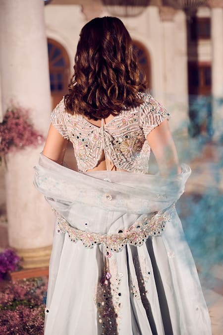 Shop Swish By Dolcy And Simran Blue Crepe, Kota Doria, Chiffon Embroidery, Sequins, Floral Cluster Lehenga Set at Aza Fashions Shop_Swish By Dolcy And Simran_Blue Crepe, Kota Doria, Chiffon Embroidery, Sequins, Floral Cluster Lehenga Set _at_Aza_Fashions