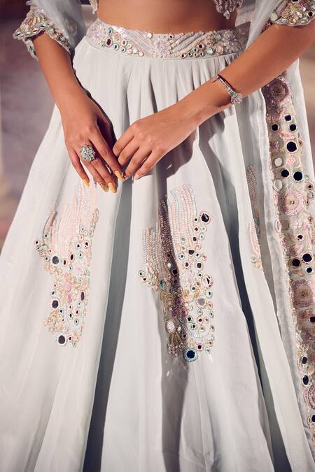 Buy Swish By Dolcy And Simran Blue Crepe, Kota Doria, Chiffon Embroidery, Sequins, Floral Cluster Lehenga Set Online at Aza Fashions Buy_Swish By Dolcy And Simran_Blue Crepe, Kota Doria, Chiffon Embroidery, Sequins, Floral Cluster Lehenga Set _Online_at_Aza_Fashions