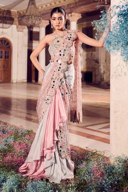 Swish By Dolcy And Simran Madhur Ombre Pre-Draped Ruffle Saree With Embroidered Blouse 