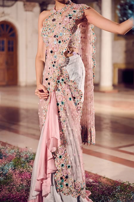Buy_Swish By Dolcy And Simran_Rose Gold Satin, Organza, Net Ombre Ruffle Pre-draped Saree And Blouse Set _Online_at_Aza_Fashions