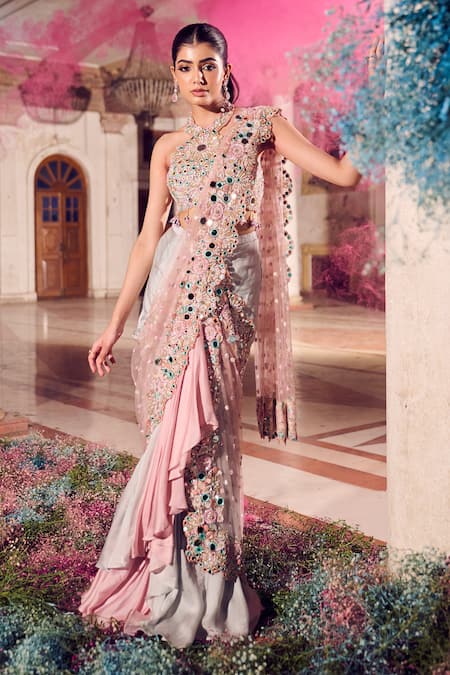Shop_Swish By Dolcy And Simran_Rose Gold Satin, Organza, Net Ombre Ruffle Pre-draped Saree And Blouse Set _Online_at_Aza_Fashions