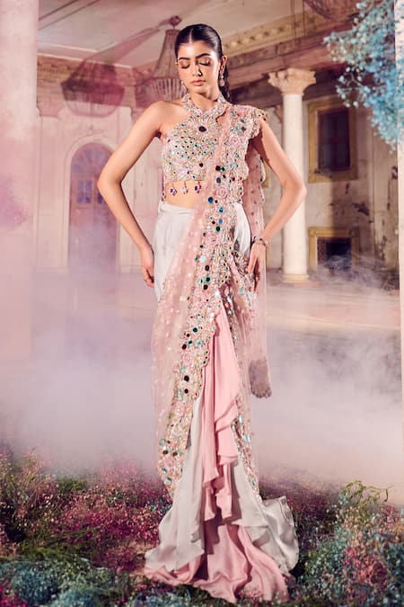 Swish By Dolcy And Simran_Rose Gold Satin, Organza, Net Ombre Ruffle Pre-draped Saree And Blouse Set _at_Aza_Fashions
