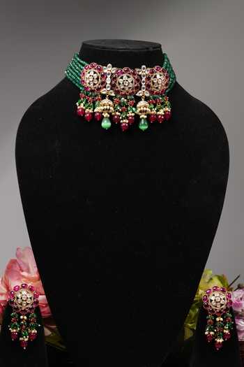 Amaara Jewels_Pink Stones, Diamonds Floral Carved Embellished Choker Set_Online_at_Aza_Fashions