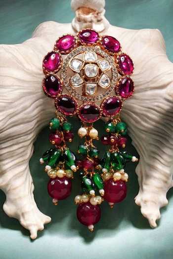 Shop_Amaara Jewels_Pink Stones, Diamonds Floral Carved Embellished Choker Set_Online_at_Aza_Fashions