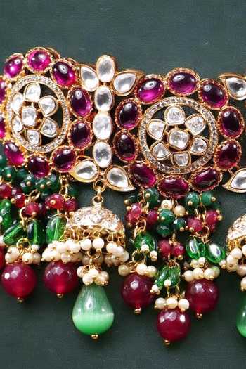 Amaara Jewels_Pink Stones, Diamonds Floral Carved Embellished Choker Set_at_Aza_Fashions