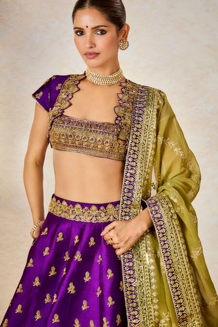 Shop_Masaba_Purple Silk, Viscose Embroidery Round Neck Jamun Fizz Bridal Lehenga Set 