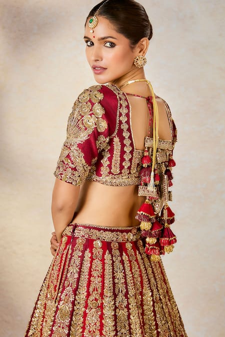 Buy_Masaba_Wine Leatherette, Georgette, Organza, Kokum Sherbet Bridal Lehenga Set 