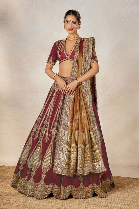 Shop Masaba Wine Organza, Embroidery, Metallic Gajar Halwa Bridal Lehenga Set Online at Aza Fashions Shop_Masaba_Wine Organza, Embroidery, Metallic Gajar Halwa Bridal Lehenga Set _Online_at_Aza_Fashions