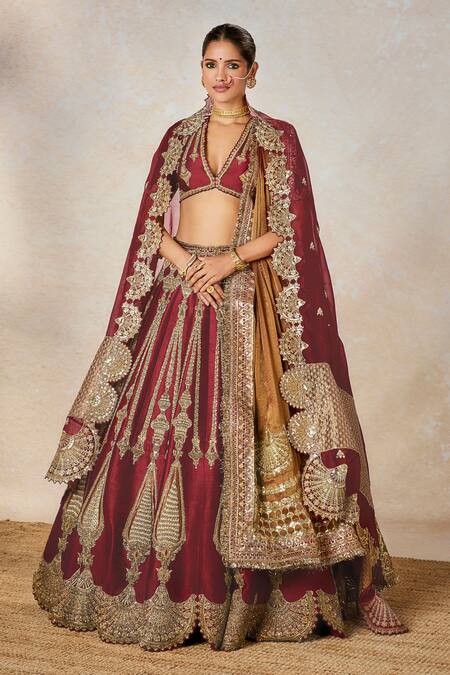 Shop_Masaba_Wine Leather, , Organza, Georgette Gajar Halwa Bridal Lehenga Set _Online_at_Aza_Fashions