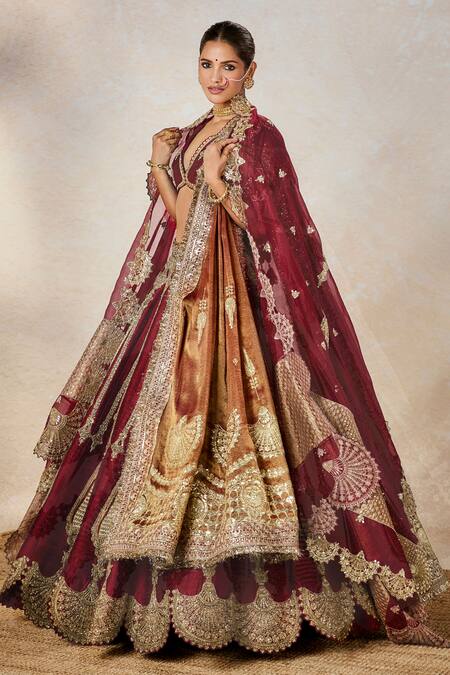 Masaba_Wine Leather, , Organza, Georgette Gajar Halwa Bridal Lehenga Set _at_Aza_Fashions