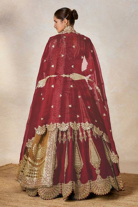 Shop_Masaba_Wine Leather, , Organza, Georgette Gajar Halwa Bridal Lehenga Set 