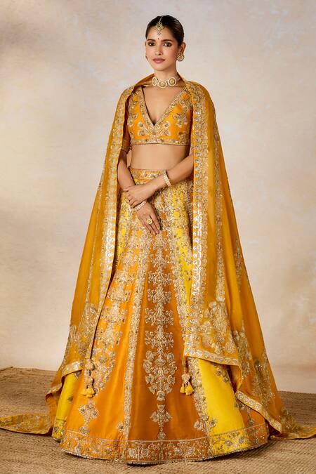 Shop Masaba Yellow Silk, Viscose Zari, Embroidery Plunge Neck The Ghevar Bridal Lehenga Set Online at Aza Fashions Shop_Masaba_Yellow Silk, Viscose Zari, Embroidery Plunge Neck The Ghevar Bridal Lehenga Set _Online_at_Aza_Fashions