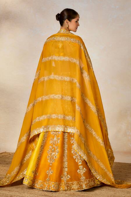 Masaba Yellow Silk, Viscose Zari, Embroidery Plunge Neck The Ghevar Bridal Lehenga Set at Aza Fashions Masaba_Yellow Silk, Viscose Zari, Embroidery Plunge Neck The Ghevar Bridal Lehenga Set _at_Aza_Fashions