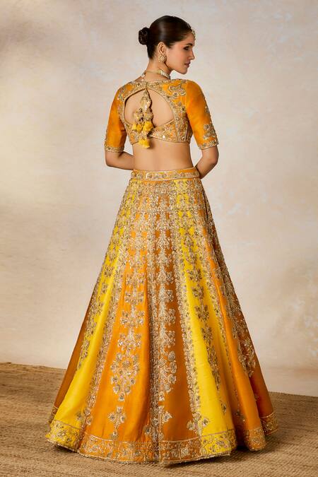 Buy Masaba Yellow Silk, Viscose Zari, Embroidery Plunge Neck The Ghevar Bridal Lehenga Set Buy_Masaba_Yellow Silk, Viscose Zari, Embroidery Plunge Neck The Ghevar Bridal Lehenga Set