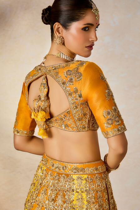 Shop Masaba Yellow Silk, Viscose Zari, Embroidery Plunge Neck The Ghevar Bridal Lehenga Set Shop_Masaba_Yellow Silk, Viscose Zari, Embroidery Plunge Neck The Ghevar Bridal Lehenga Set
