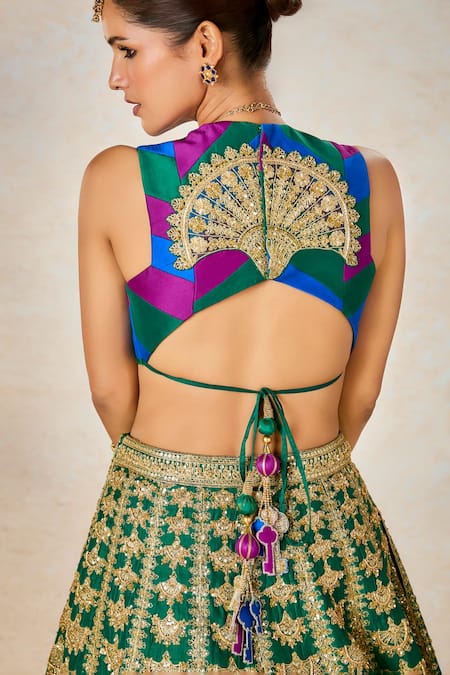 Shop_Masaba_Green Organza, Sequins, Embroidery, Patchwork Lehenga Set 