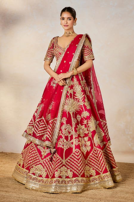 Buy_Masaba_Red , Organza, Hemp, Tulle The Aalu Bukhara Bridal Lehenga And Veil Set _Online_at_Aza_Fashions