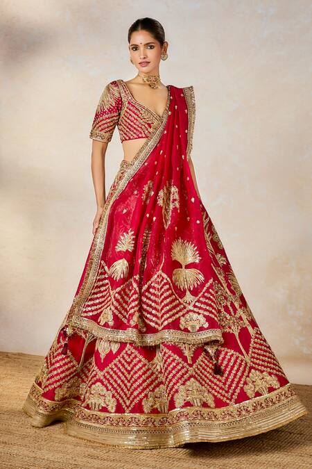 Shop_Masaba_Red , Organza, Hemp, Tulle The Aalu Bukhara Bridal Lehenga And Veil Set _Online_at_Aza_Fashions