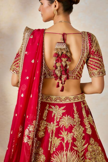 Buy_Masaba_Red , Organza, Hemp, Tulle The Aalu Bukhara Bridal Lehenga And Veil Set 