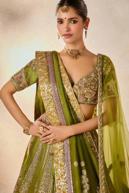 Shop_Masaba_Green , Tulle, Organza Sequins, The Aam Panna Bridal Lehenga Set _Online_at_Aza_Fashions