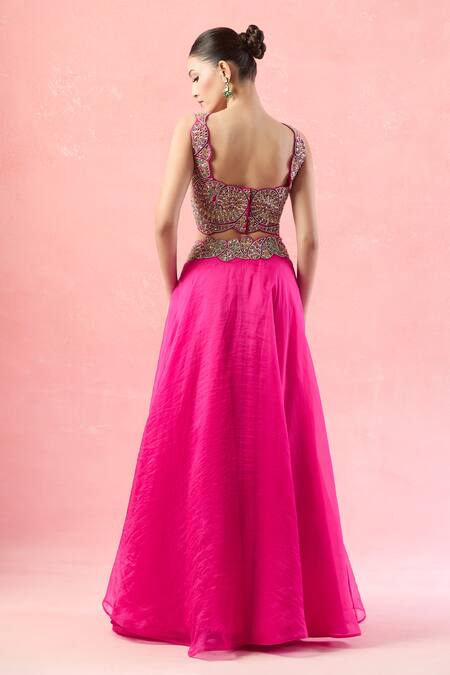 Shop Ridhima Bhasin Pink Silk, Chiffon Beads, Pearls, Cut Work Scoop Paisley Embroidered Lehenga Set at Aza Fashions Shop_Ridhima Bhasin_Pink Silk, Chiffon Beads, Pearls, Cut Work Scoop Paisley Embroidered Lehenga Set_at_Aza_Fashions