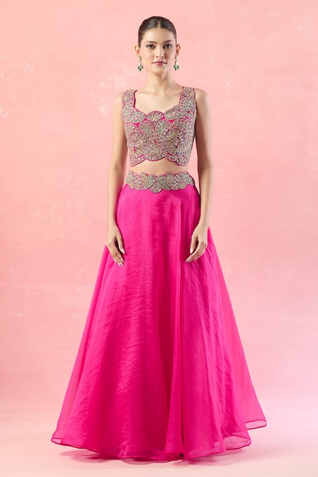 Ridhima Bhasin Pink Silk, Chiffon Beads, Pearls, Cut Work Scoop Paisley Embroidered Lehenga Set Online at Aza Fashions Ridhima Bhasin_Pink Silk, Chiffon Beads, Pearls, Cut Work Scoop Paisley Embroidered Lehenga Set_Online_at_Aza_Fashions