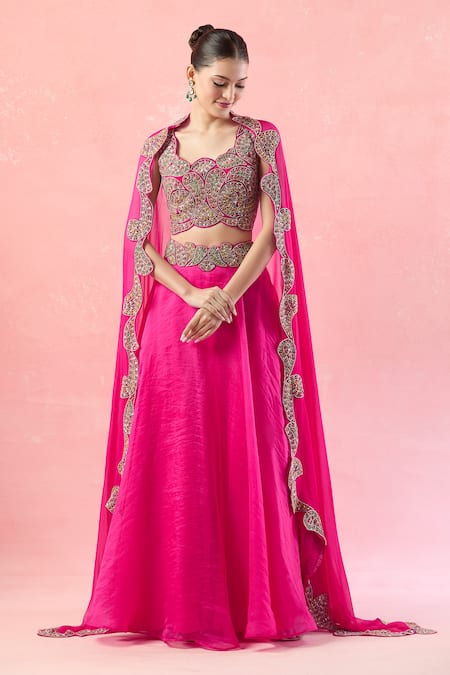 Shop Ridhima Bhasin Pink Silk, Chiffon Beads, Pearls, Cut Work Scoop Paisley Embroidered Lehenga Set Online at Aza Fashions Shop_Ridhima Bhasin_Pink Silk, Chiffon Beads, Pearls, Cut Work Scoop Paisley Embroidered Lehenga Set_Online_at_Aza_Fashions