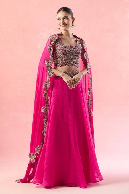Ridhima Bhasin Pink Silk, Chiffon Beads, Pearls, Cut Work Scoop Paisley Embroidered Lehenga Set at Aza Fashions Ridhima Bhasin_Pink Silk, Chiffon Beads, Pearls, Cut Work Scoop Paisley Embroidered Lehenga Set_at_Aza_Fashions