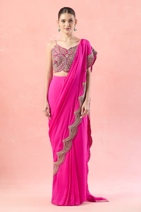 Ridhima Bhasin_Pink Beads, Cut Work, Embroidery Scallop Hem Pre-draped Saree _Online_at_Aza_Fashions