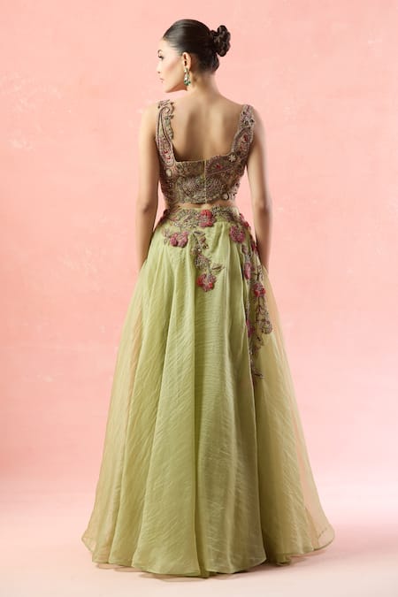 Shop Ridhima Bhasin Green Silk, Chiffon Sequins, Beads, Embroidery Scoop Neck Floral Lehenga Set at Aza Fashions Shop_Ridhima Bhasin_Green Silk, Chiffon Sequins, Beads, Embroidery Scoop Neck Floral Lehenga Set _at_Aza_Fashions