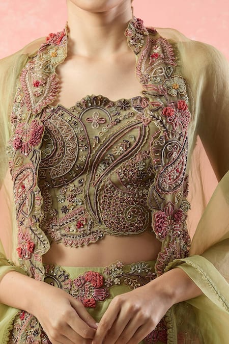 Ridhima Bhasin Green Silk, Chiffon Sequins, Beads, Embroidery Scoop Neck Floral Lehenga Set Online at Aza Fashions Ridhima Bhasin_Green Silk, Chiffon Sequins, Beads, Embroidery Scoop Neck Floral Lehenga Set _Online_at_Aza_Fashions