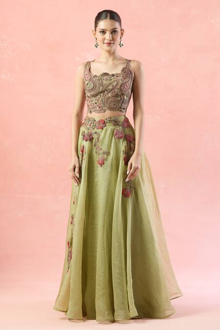 Buy Ridhima Bhasin Green Silk, Chiffon Sequins, Beads, Embroidery Scoop Neck Floral Lehenga Set Online at Aza Fashions Buy_Ridhima Bhasin_Green Silk, Chiffon Sequins, Beads, Embroidery Scoop Neck Floral Lehenga Set _Online_at_Aza_Fashions