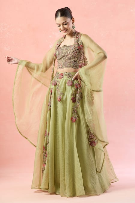 Shop Ridhima Bhasin Green Silk, Chiffon Sequins, Beads, Embroidery Scoop Neck Floral Lehenga Set Online at Aza Fashions Shop_Ridhima Bhasin_Green Silk, Chiffon Sequins, Beads, Embroidery Scoop Neck Floral Lehenga Set _Online_at_Aza_Fashions