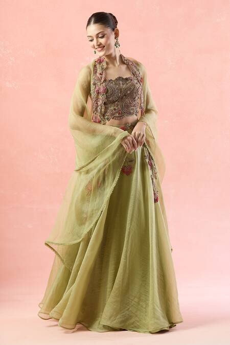 Ridhima Bhasin Green Silk, Chiffon Sequins, Beads, Embroidery Scoop Neck Floral Lehenga Set at Aza Fashions Ridhima Bhasin_Green Silk, Chiffon Sequins, Beads, Embroidery Scoop Neck Floral Lehenga Set _at_Aza_Fashions