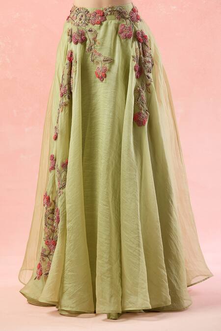 Buy Ridhima Bhasin Green Silk, Chiffon Sequins, Beads, Embroidery Scoop Neck Floral Lehenga Set Buy_Ridhima Bhasin_Green Silk, Chiffon Sequins, Beads, Embroidery Scoop Neck Floral Lehenga Set