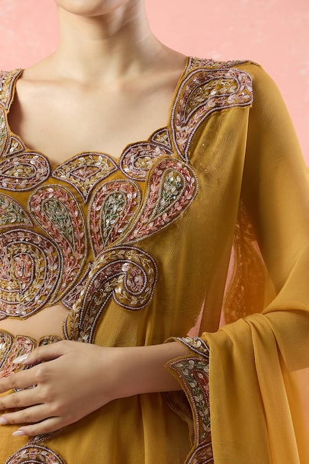 Ridhima Bhasin_Yellow Silk, Georgette, Chiffon Cut Work, Paisley Embroidered Lehenga Set _Online_at_Aza_Fashions