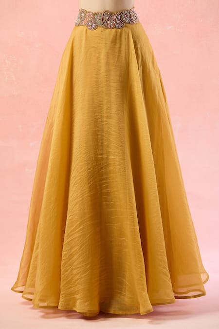 Buy_Ridhima Bhasin_Yellow Silk, Georgette, Chiffon Cut Work, Paisley Embroidered Lehenga Set _Online_at_Aza_Fashions