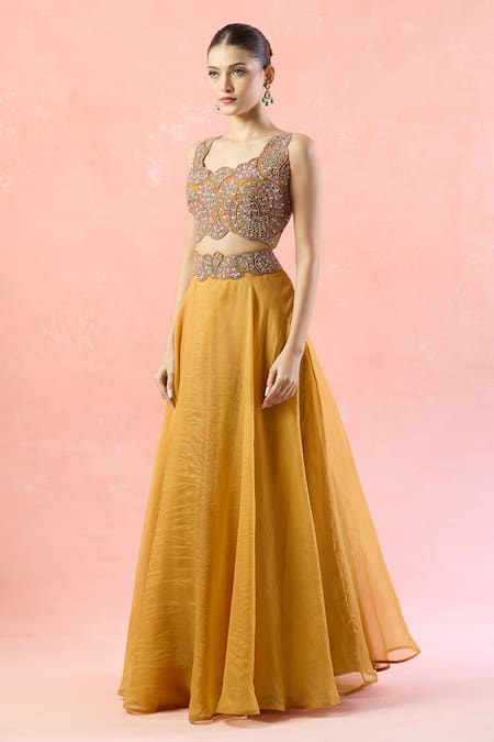 Shop_Ridhima Bhasin_Yellow Silk, Georgette, Chiffon Cut Work, Paisley Embroidered Lehenga Set _Online_at_Aza_Fashions
