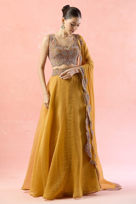 Ridhima Bhasin_Yellow Silk, Georgette, Chiffon Cut Work, Paisley Embroidered Lehenga Set _at_Aza_Fashions