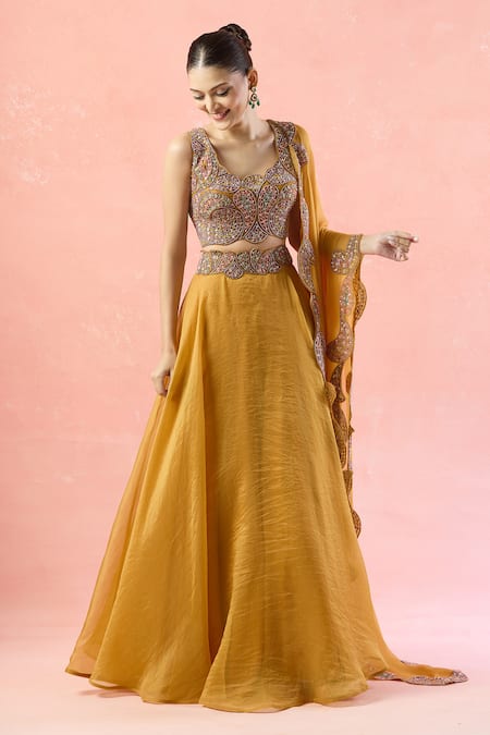 Buy_Ridhima Bhasin_Yellow Silk, Georgette, Chiffon Cut Work, Paisley Embroidered Lehenga Set 
