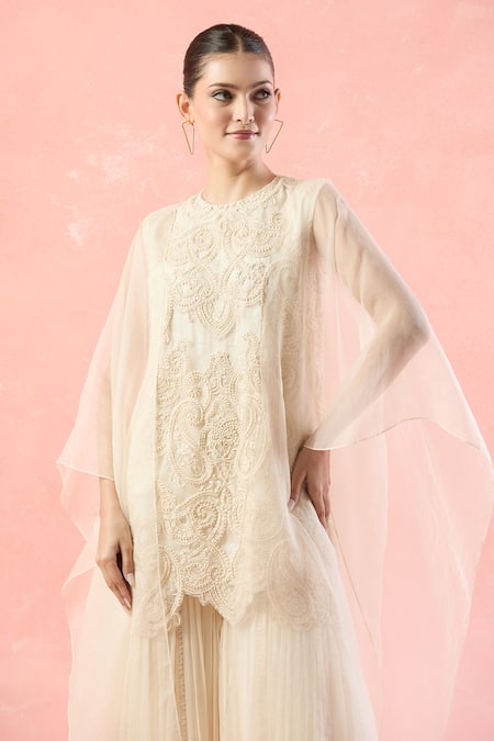 Ridhima Bhasin Ivory Embroidery, Sequins, Beads High Neck Geometric Kurta And Sharara Set Online at Aza Fashions Ridhima Bhasin_Ivory Embroidery, Sequins, Beads High Neck Geometric Kurta And Sharara Set _Online_at_Aza_Fashions