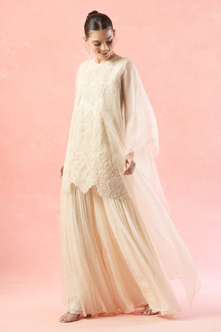 Shop Ridhima Bhasin Ivory Embroidery, Sequins, Beads High Neck Geometric Kurta And Sharara Set Online at Aza Fashions Shop_Ridhima Bhasin_Ivory Embroidery, Sequins, Beads High Neck Geometric Kurta And Sharara Set _Online_at_Aza_Fashions