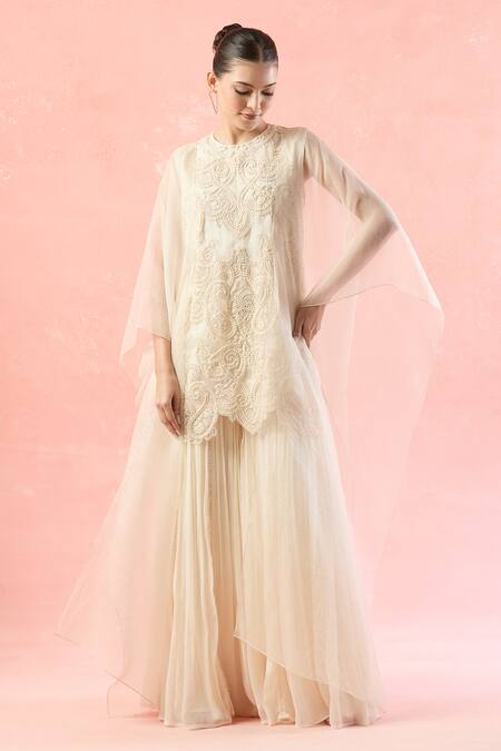 Ridhima Bhasin Ivory Embroidery, Sequins, Beads High Neck Geometric Kurta And Sharara Set at Aza Fashions Ridhima Bhasin_Ivory Embroidery, Sequins, Beads High Neck Geometric Kurta And Sharara Set _at_Aza_Fashions