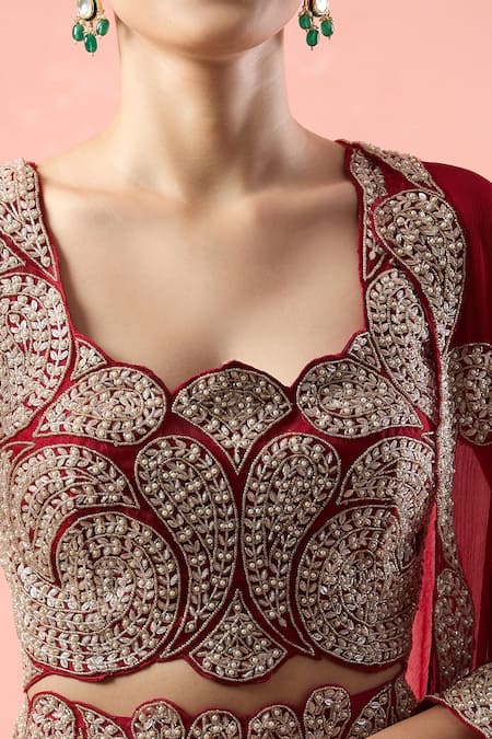 Ridhima Bhasin_Red Silk, Chiffon Beads, Pearls, Cut Work Scoop Paisley Embroidered Lehenga Set_Online_at_Aza_Fashions