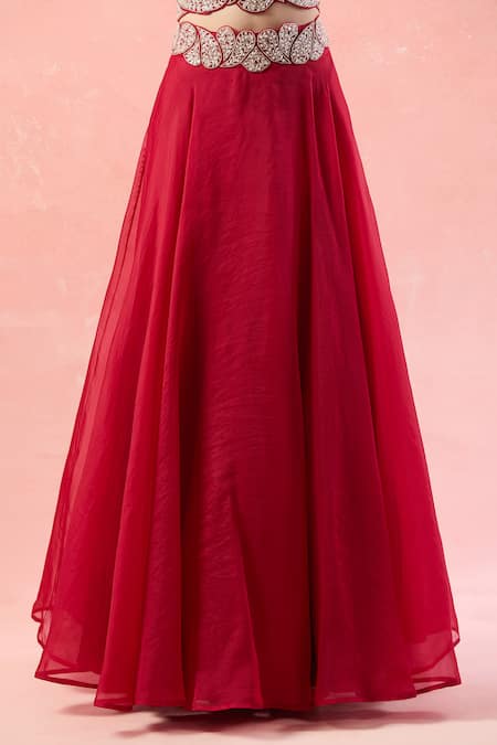 Buy_Ridhima Bhasin_Red Silk, Chiffon Beads, Pearls, Cut Work Scoop Paisley Embroidered Lehenga Set_Online_at_Aza_Fashions