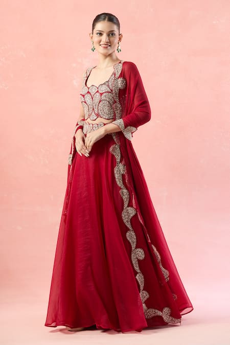 Shop_Ridhima Bhasin_Red Silk, Chiffon Beads, Pearls, Cut Work Scoop Paisley Embroidered Lehenga Set_Online_at_Aza_Fashions